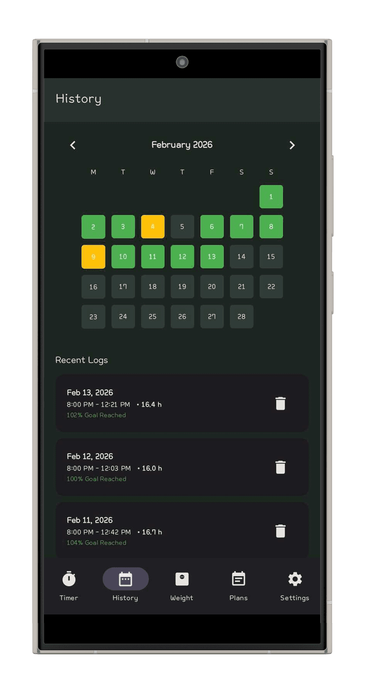 FastTime History screen — dark mode