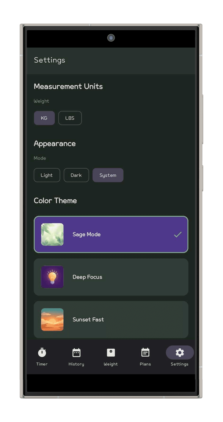 FastTime Settings screen — dark mode